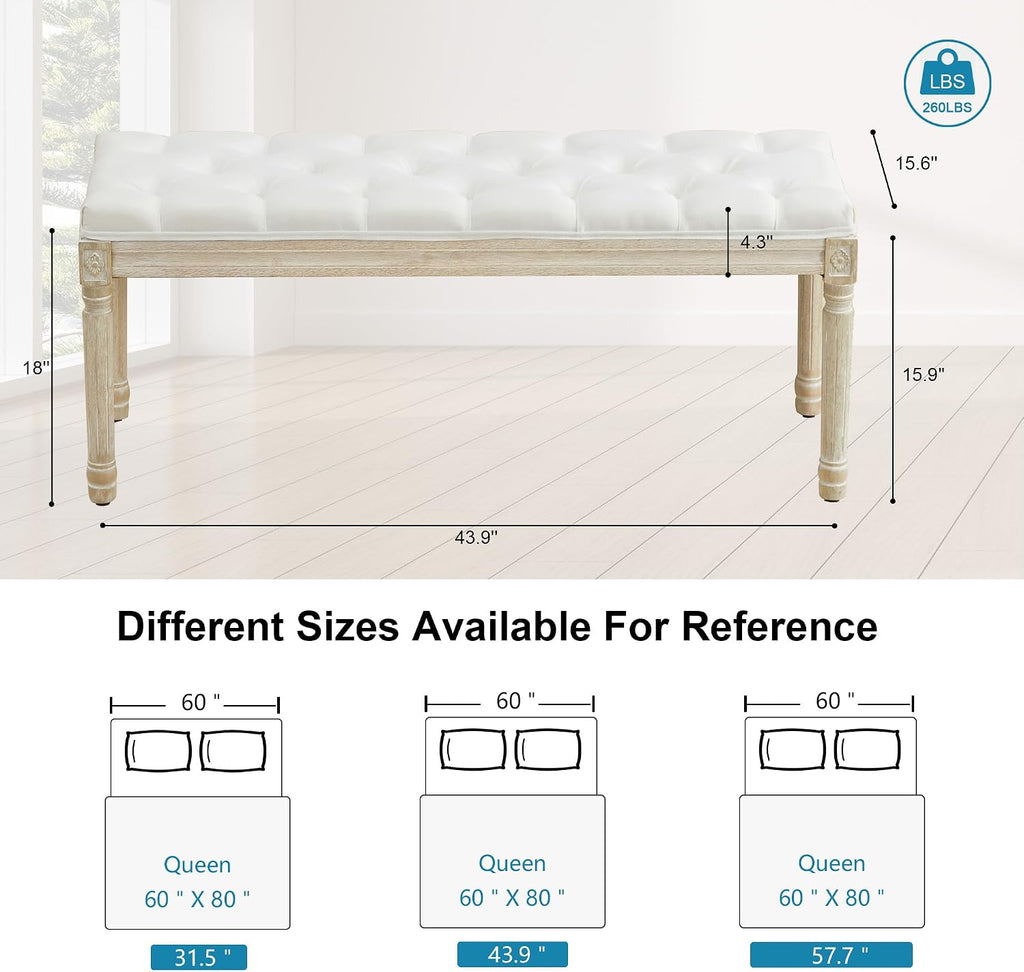 44‘’ Entryway Bench, Upholstered Button End of Bed Bench, Vintage Bench with Carving Pattern Wood Legs, Vanity Foot-Stool, White