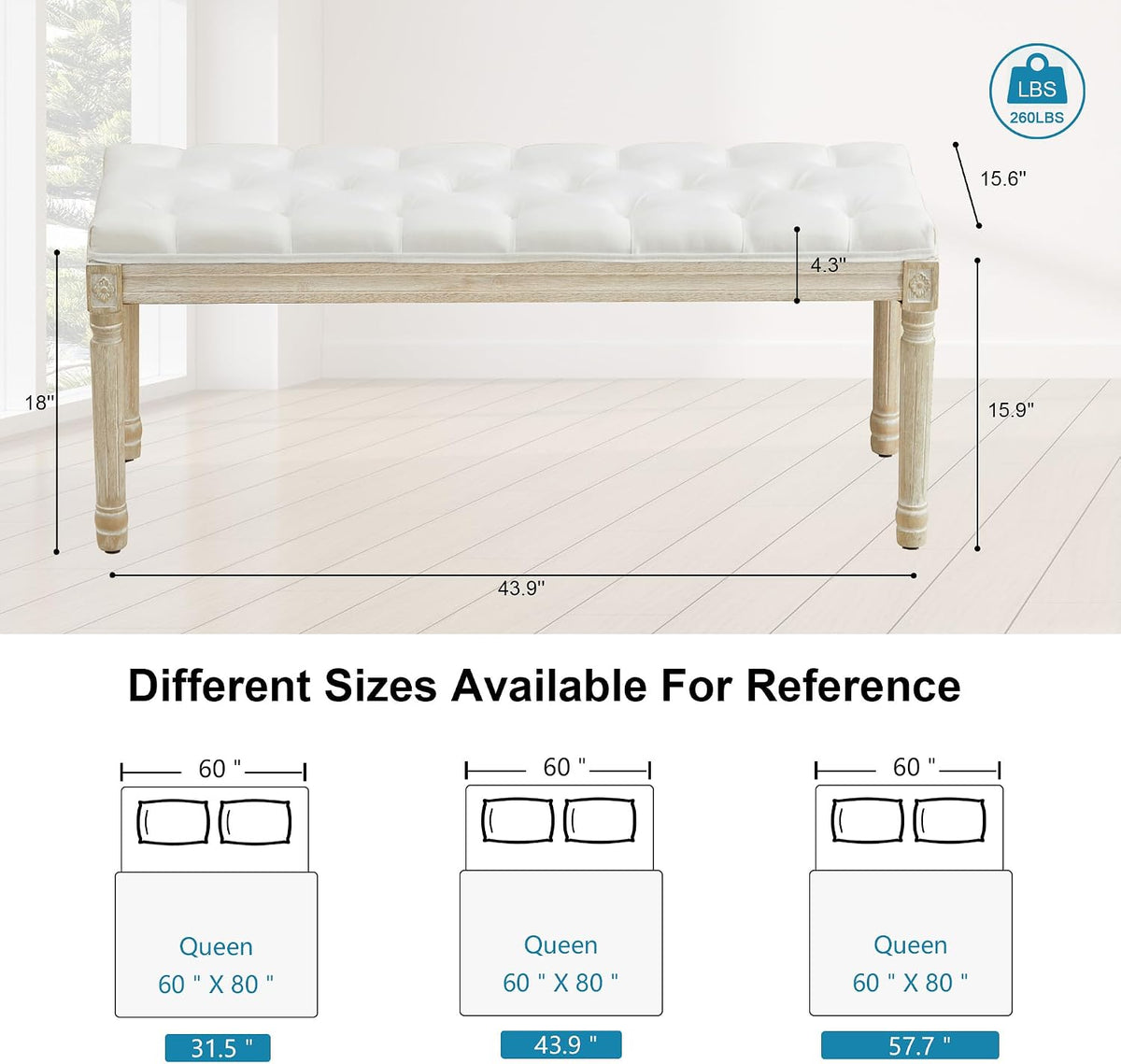 44‘’ Entryway Bench, Upholstered Button End of Bed Bench, Vintage Bench with Carving Pattern Wood Legs, Vanity Foot-Stool, White