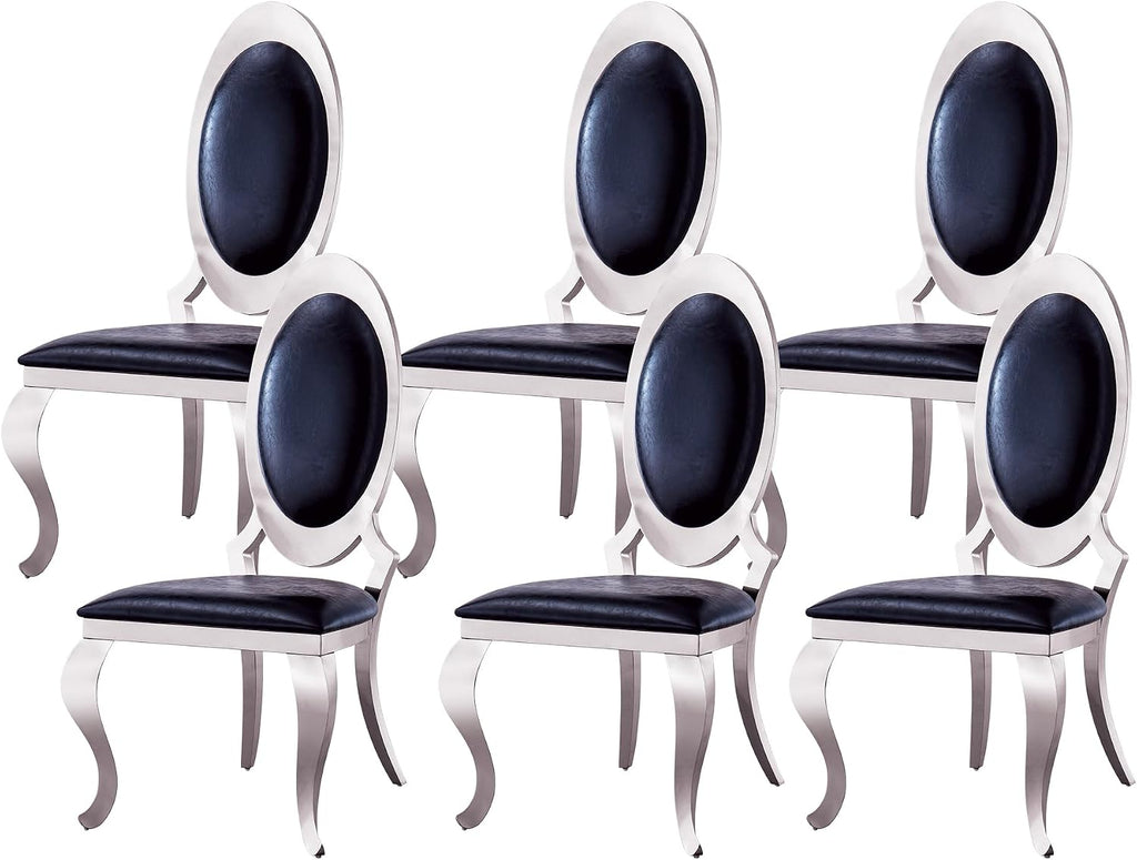 Henf Modern Luxury Dining Chairs Set of 6, Leatherette Upholstered Kitchen Dining Chair with Silver Stainless Steel Frame, High-Back Armless Side Chair for Dining Kitchen Room (Black)