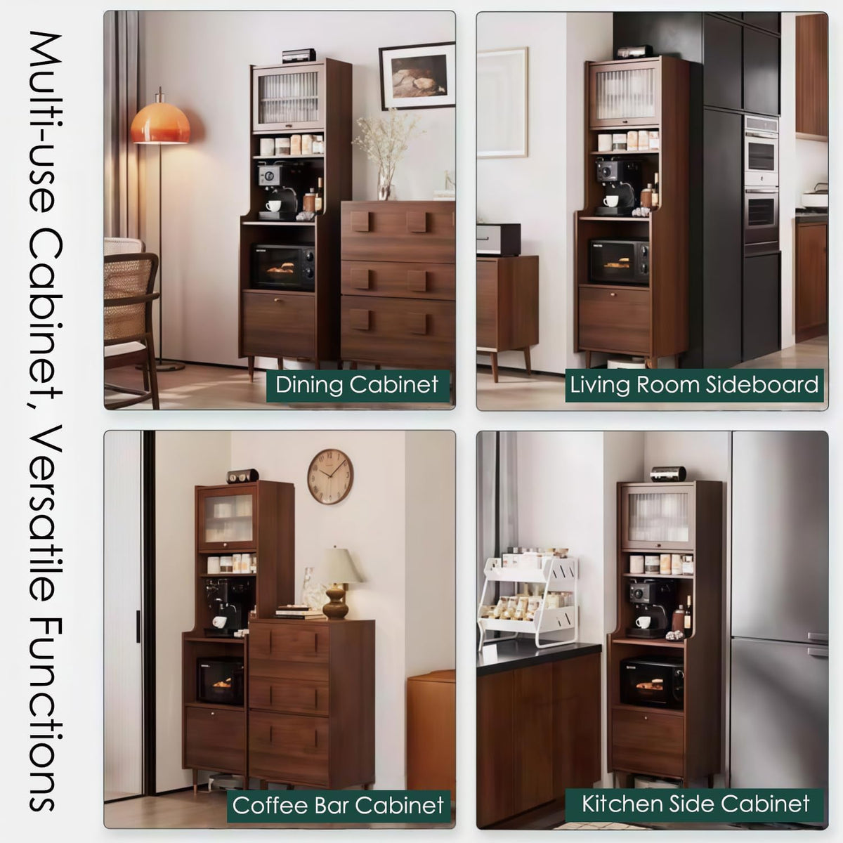 Kavie Solid Wood Kitchen Pantry Cabinet, Narrow Tall Sideboard with Acrylic Doors & Appliance Space, Modern Vintage Tea Station (Black,19.6" L*15.7" W*68.5" H)