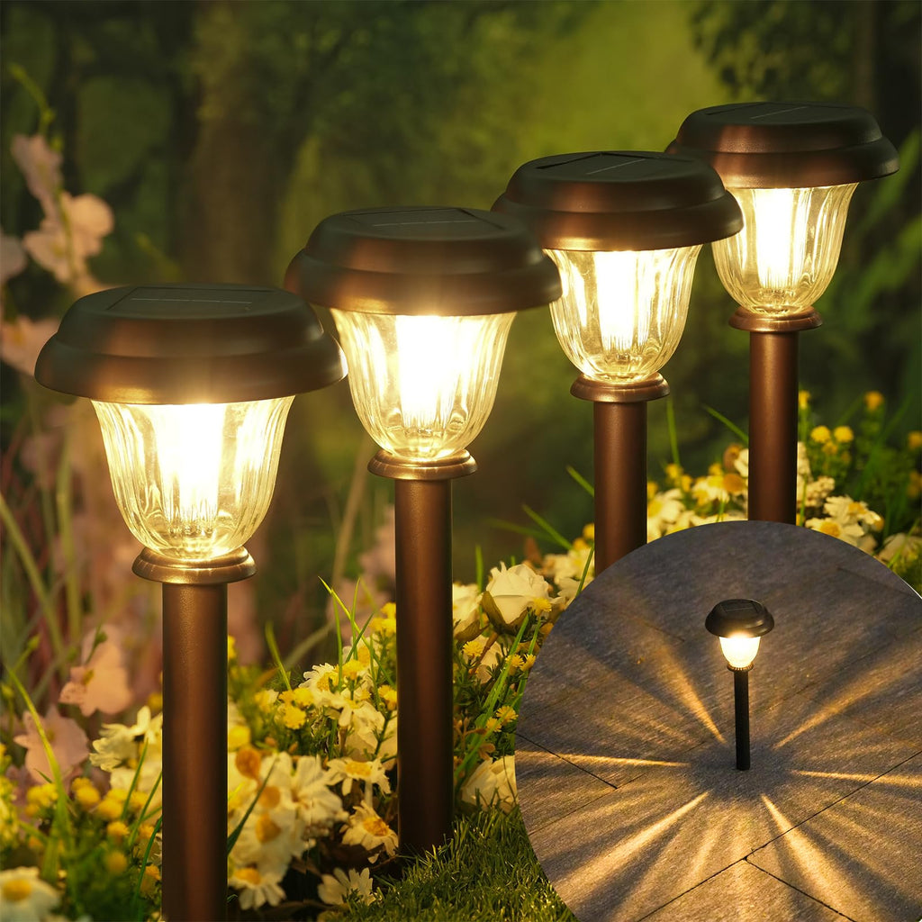 DERAYSION 8 Pack Solar Lights Outdoor, Stainless Steel Glass Solar Pathway Lights, Auto On/Off Long-Lasting Waterproof Garden Lights for Landscape, Path, Yard, Driveway, Walkway Decor (Warm White)