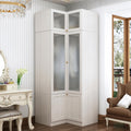 MOUMON Tall Corner Wardrobe, L-Shaped Modern Bedroom Armoires with Frosted Glass Doors and Hanging Rod, Corner Armoire Closet for Clothes Storage, Wood Grain 35.4" W x 35.4" D x 86.6" H