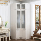 MOUMON Tall Corner Wardrobe, L-Shaped Modern Bedroom Armoires with Frosted Glass Doors and Hanging Rod, Corner Armoire Closet for Clothes Storage, Wood Grain 35.4" W x 35.4" D x 86.6" H