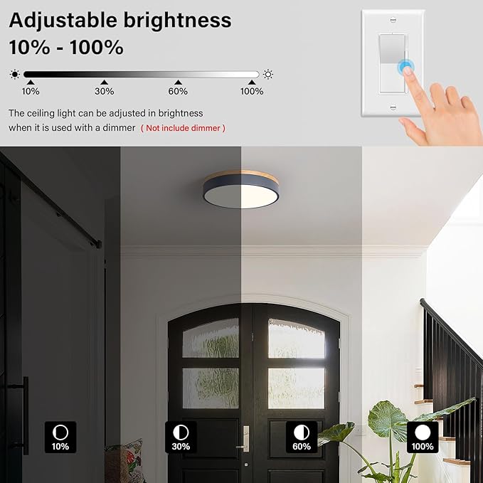 Modern Dimmable LED Close to Ceiling Light Minimalist Wood Oak Flush Mount Ceiling Light Fixture with Lampshade for Bedroom Living Room Bathroom Laundry Room (Grey-Dimmable, 11.8''/30cm)