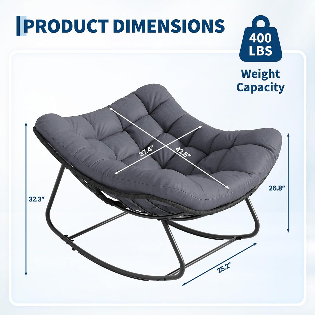 Garvee Outdoor Rocking Chair, Oversized Papasan Chair with Cushion | Metal & PE Rattan Frame, 400LBS Capacity, Ideal for Patio, Garden or Living Room, Gentle 30° Rocking Comfort