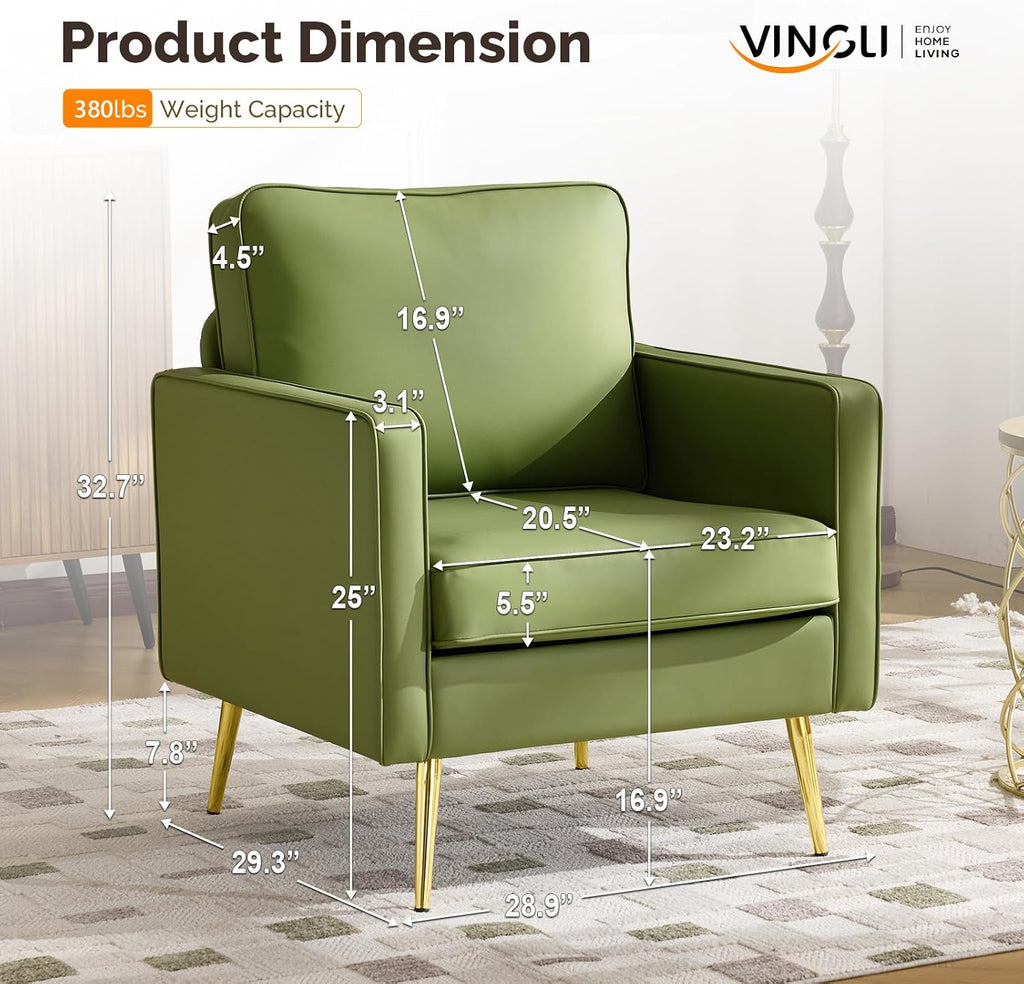 VINGLI Faux Leather Accent Chair with Gold Leg for Living Room, Small Space | Brown Armchair, Thick Foam Cushion, Durable Faux Leather PU, Sturdy 380 LB Frame, Elegant Gold Legs, Compact Modern Design