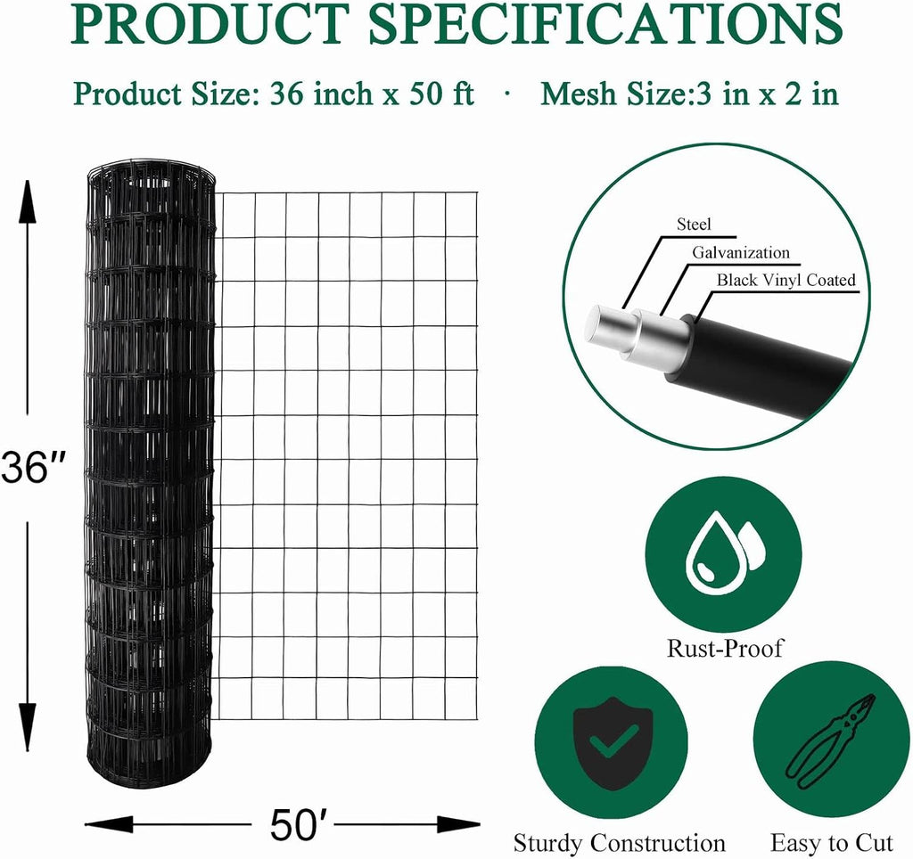 Black PVC Coated Welded Wire Fence 36 Inch x 50 Foot, 2 Inch x 3 Inch 16GA, Garden Border Fencing Roll Vinyl Coating Metal Wire Mesh for Yard Vegetable Plant Protection Poultry Netting