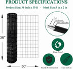 Black PVC Coated Welded Wire Fence 36 Inch x 50 Foot, 2 Inch x 3 Inch 16GA, Garden Border Fencing Roll Vinyl Coating Metal Wire Mesh for Yard Vegetable Plant Protection Poultry Netting