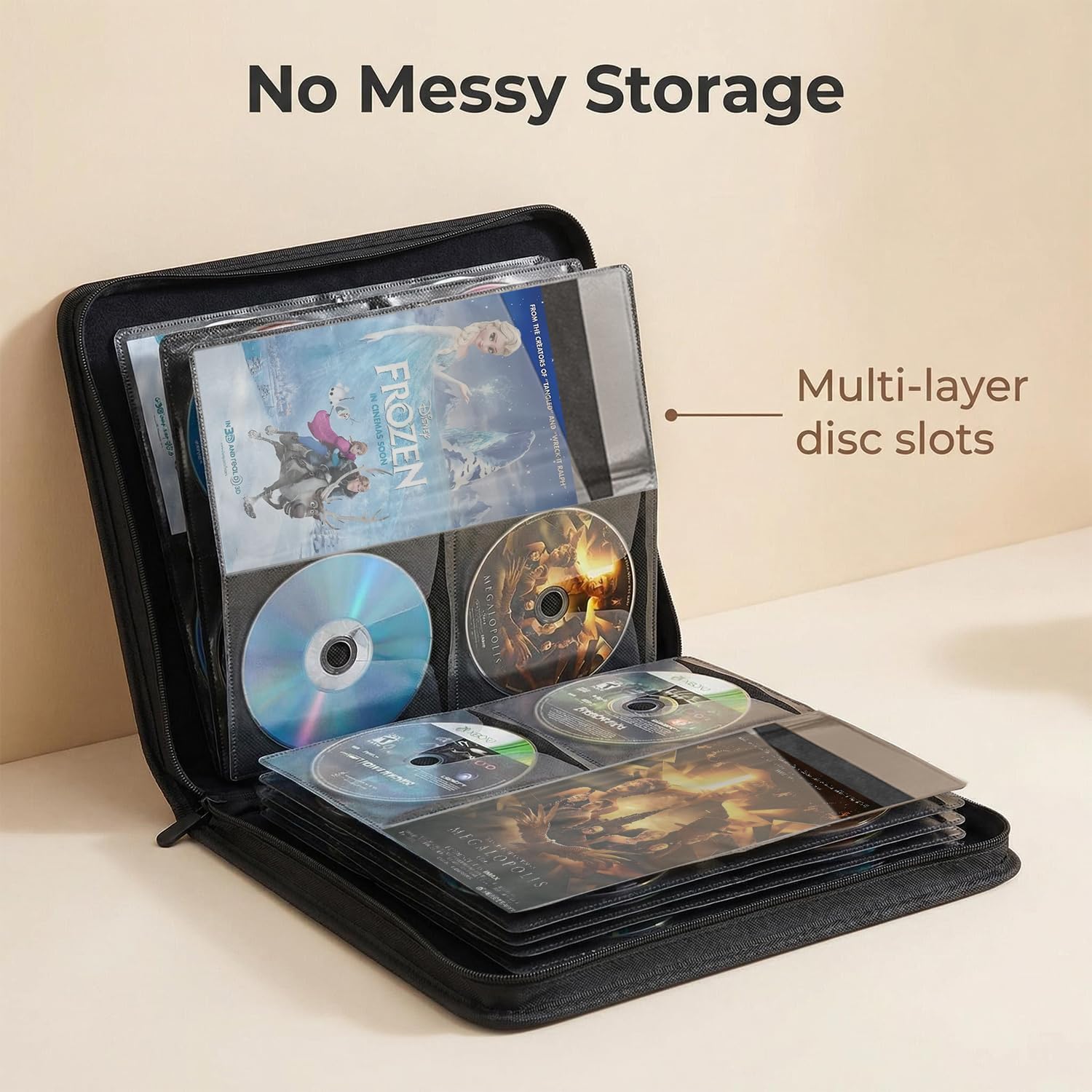 CD DVD Blu-ray Storage Binder with Handles, PU Leather Corver | Holds 200 Discs + 100 Booklet Pockets, for DVD/Blu-ray/Music CDs/Audio Disks, Portable Organizer
