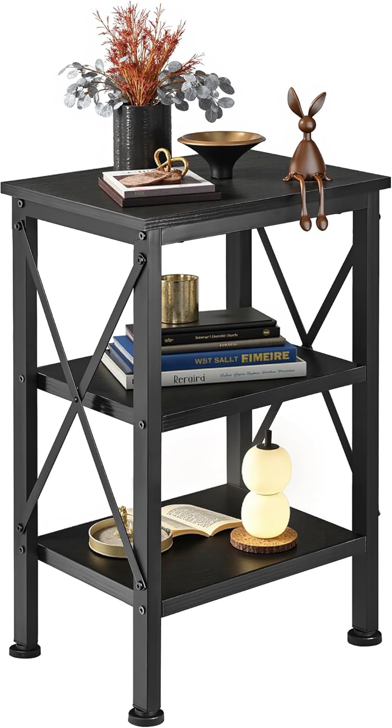VECELO End Side Table Night Stand,X-Design with Storage Shelf for Bedroom,Living Room,Black