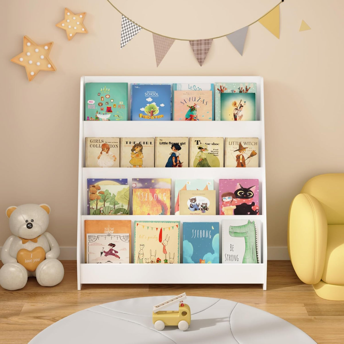 4-Tier Kids Bookshelf Toddler Book Display for Bedroom Playroom | Multi-tier open display shelf for books and toys. Durable engineered wood. Perfect for kids bedroom, playroom, or classr