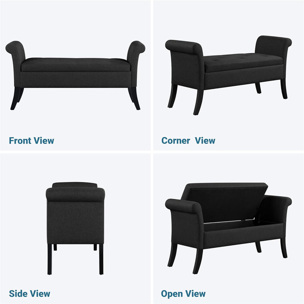 Yaheetech 52in Rolled Arm Storage Ottoman Bench Seat for Entryway, Black | Button-Tufted Bench Seat with 1.9C Storage Space, Rolled Arms, Wood legs, Metal Hinges, for Living Room Window Seat Entryway