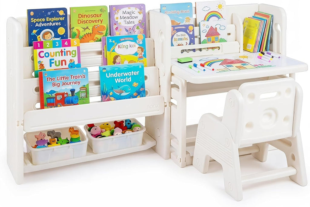 HONEY JOY Kids Table and Chair Set, Kids Art Table with Side Bookshelves | Toddler Activity Table with Erasable Whiteboard, Tiltable Desktop & Storage Baskets, for 3+ Years Old Boys & Girls