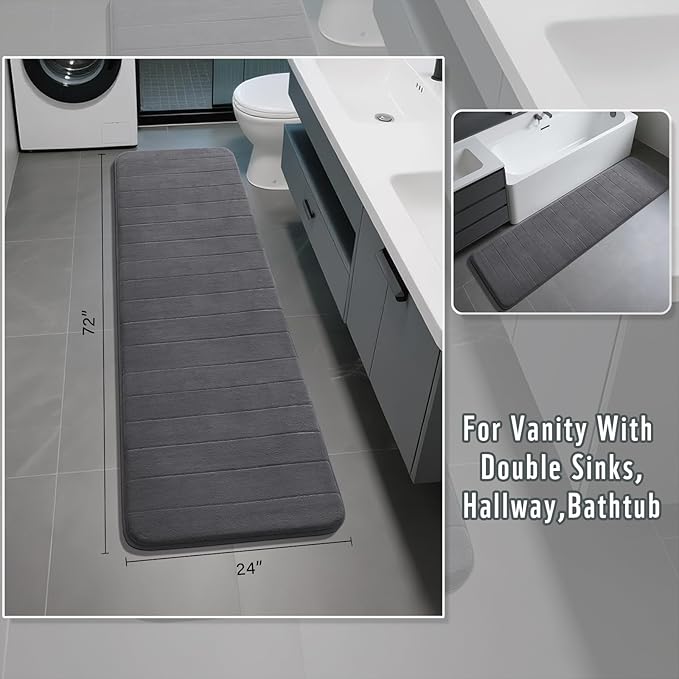 Yimobra Bathroom Runner Rugs 72"x24" Non Slip Washable Memory Foam Bath Mat, Super Soft Water Absorbent Hallway Carpet for Vanity Tub Shower, Dark Gray