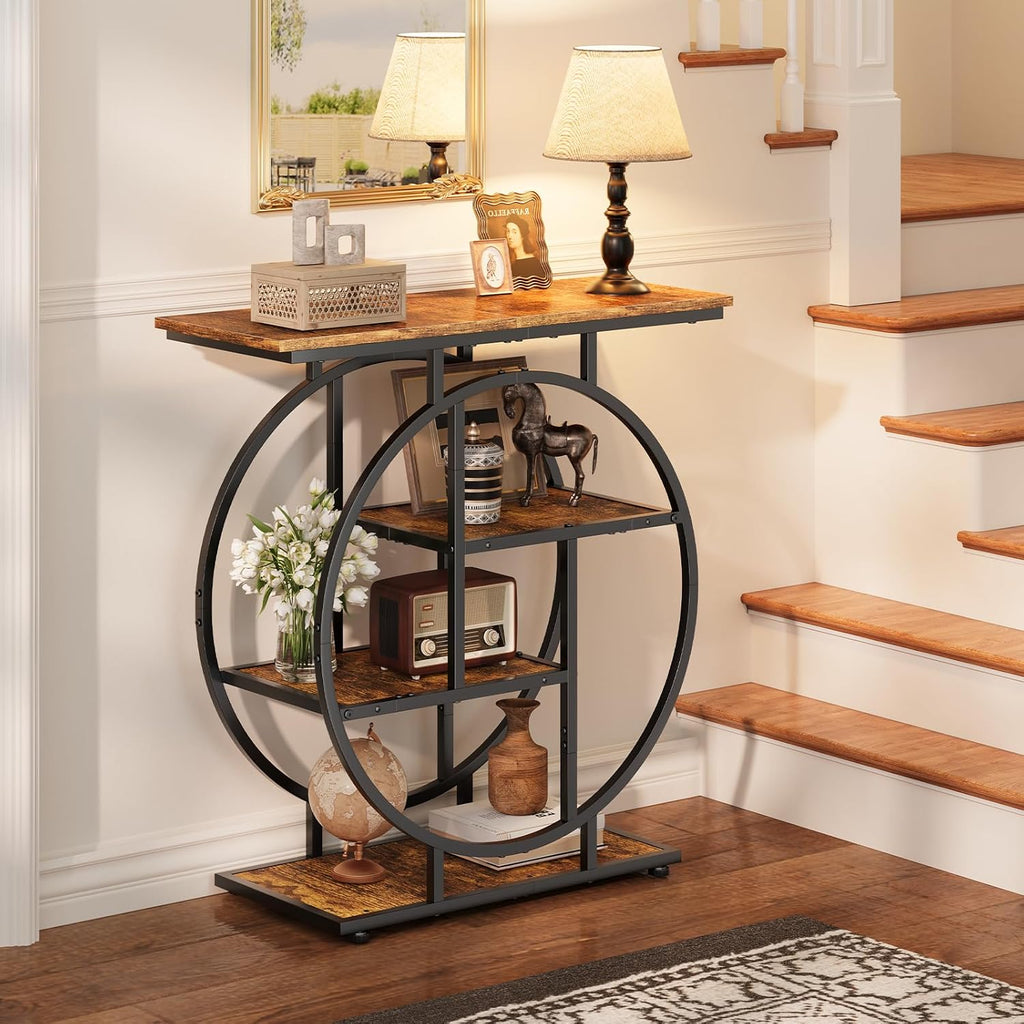 Cottage Charm Entryway Console Table, 31.5" Sofa Table Behind Couch with Curved Metal Frame and Wood Shelves, Decorative Console Table for Living Room, Hallway, Foyer, Rustic Brown
