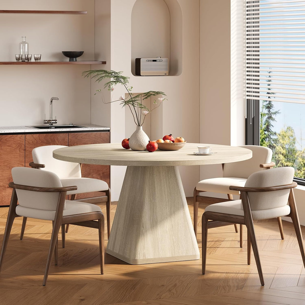 ONBRILL 47 Inch Round Dining Table for 4-6,Square Pedestal Base,Oak | Circle Kitchen Table with Thickened Tabletop, Modern Dining Room Tables, Dinner Tables for Kitchen Small Space (Table Only)