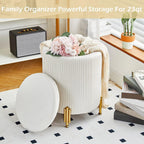 Round Ottoman Foot Stool with Storage and Metal Legs for Living Room Bedroom, Velvet Upholstered Footrest Stool Support 300lbs Modern Padded Seat Ottoman Coffee Table (Cream)