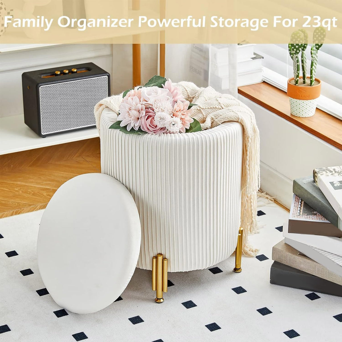 Round Ottoman Foot Stool with Storage and Metal Legs for Living Room Bedroom, Velvet Upholstered Footrest Stool Support 300lbs Modern Padded Seat Ottoman Coffee Table (Cream)