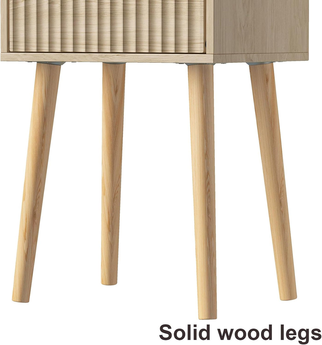 LAATOOREE Nightstand Set of 2, Small Bed Side Table with Fluted Door, End Table with Solid Wood Legs, Mid-Century Bedside Table for Bedroom Small Space