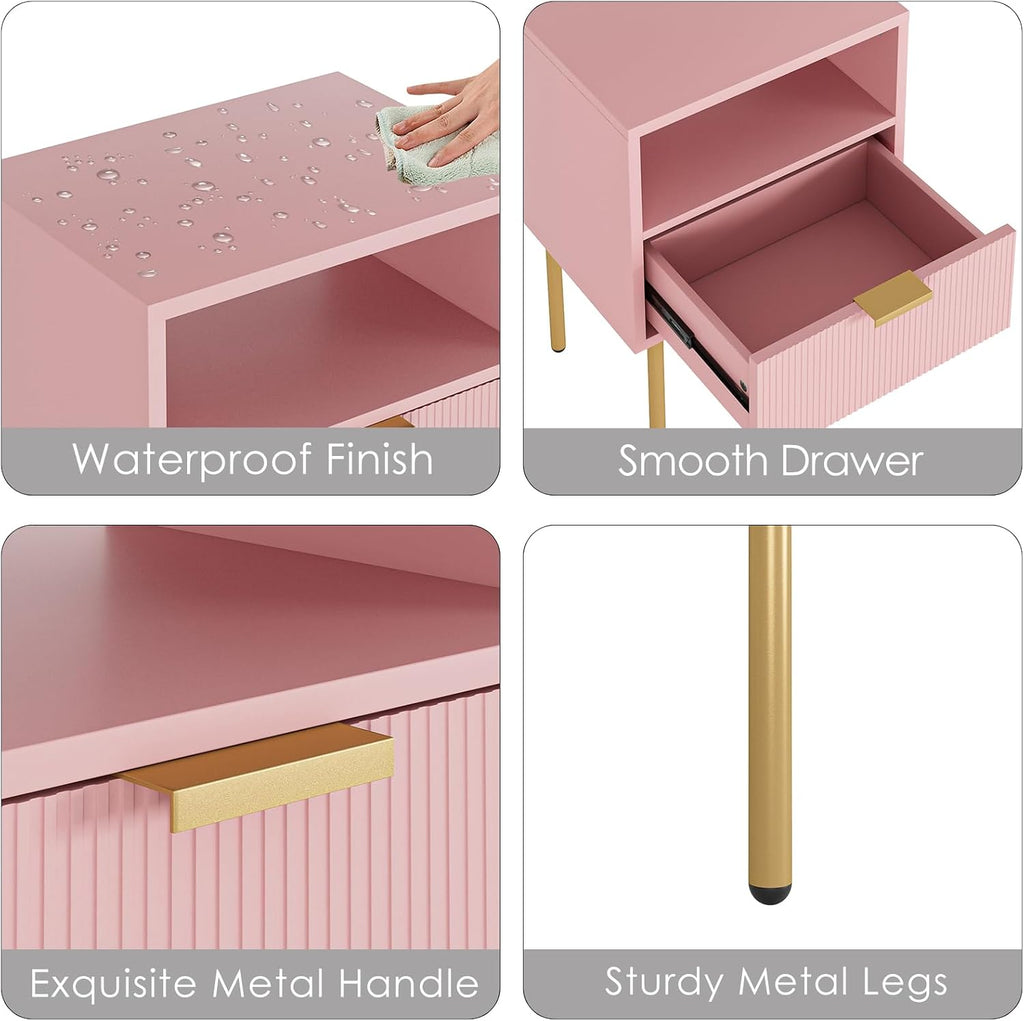 Nightstand,Morden Bedside Table with Gold Frame,Small Night Stand,End Table,Bedside Furniture,Side Table with Drawer and Shelf for Bedroom,Living Room (1Drawer, Pink)