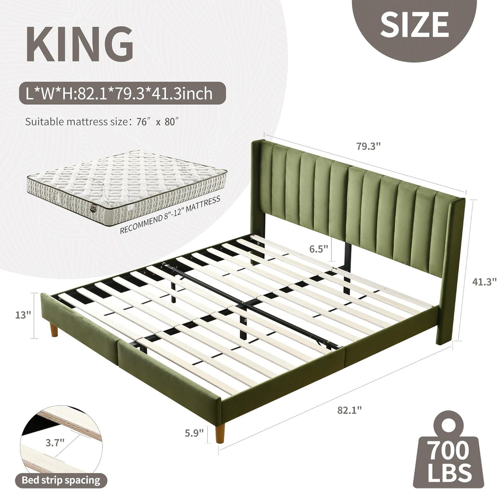 YUHUASHI King Bed Frame，Platform Bed with Upholstered Headboard，Grass Green