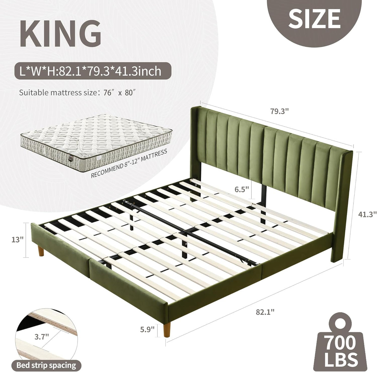 YUHUASHI King Bed Frame，Platform Bed with Upholstered Headboard，Grass Green