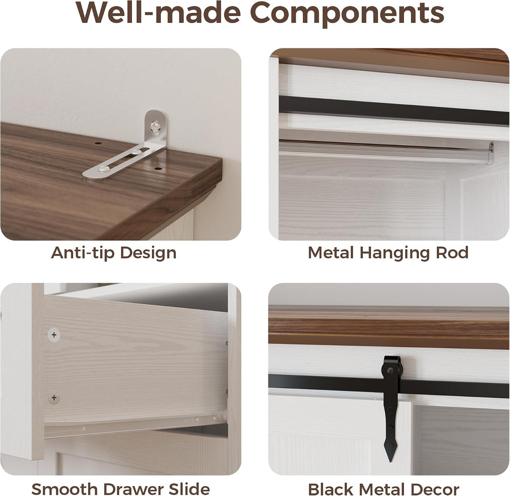 IRONCK Armoire Wardrobe Closet with 4 Drawers, Sliding Barn Doors, White