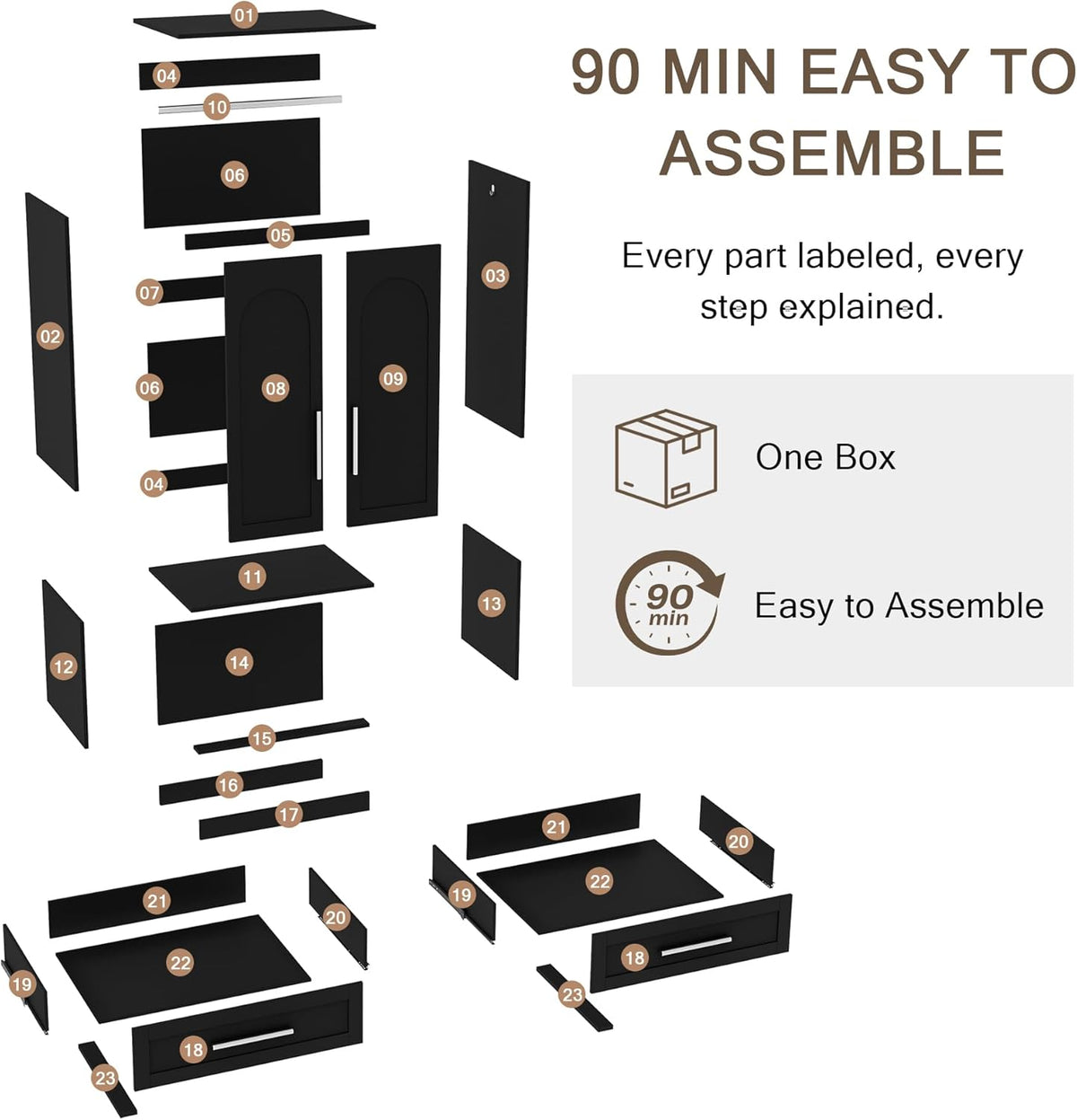 Einhomn Wooden Armoire Wardrobe Closet with 2 Doors and 2 Drawers,Freestanding Armoire Storage Cabinet with Shelves,Tall Clothing Storage Cabinet Suitable for Bedroom,Black