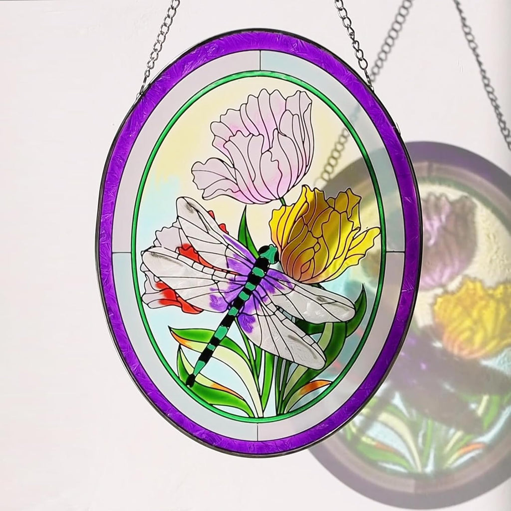 Stained Glass Window Hanging Dragonfly Suncatchers 10 Inch Glass Panel Sun Catchers Indoor Window Wall Art, Stained Glass Dragonfly Light Catchers for Windows Handmade Glass Art Gift