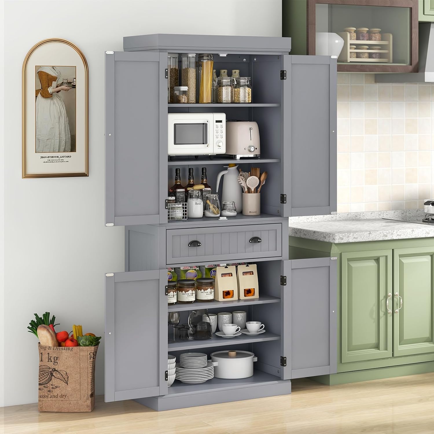 Tangkula 72" H Kitchen Pantry Cupboard Cabinet, Traditional Freestanding Large Tall Storage Cabinet with 2 Cabinets and Drawer, Adjustable Shelves, for Living Room Kitchen, 30 x 16 x 72 Inch