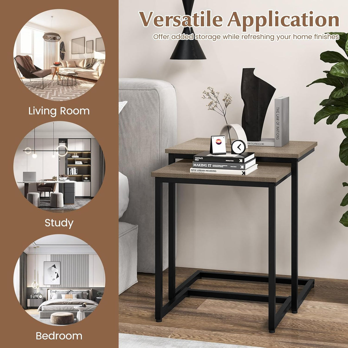 Giantex Nesting Coffee Table Set of 3, Stackable Square End Table w/Wood Grain Tabletop & Heavy-Duty Metal Frame, Farmhouse C-Shaped Accent Table for Small Space, Living Room, Bedroom (Black Oak)