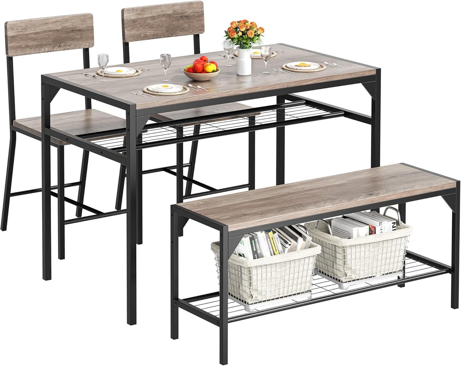 Shintenchi Kitchen Table Chairs Set of 4 with Bench and Chairs, Oak Gray | Dining Table Set for 4, 4 Pieces Kitchen Table Set, Storage Rack & Metal Frame, for Small Space, Upgrated Leg Support