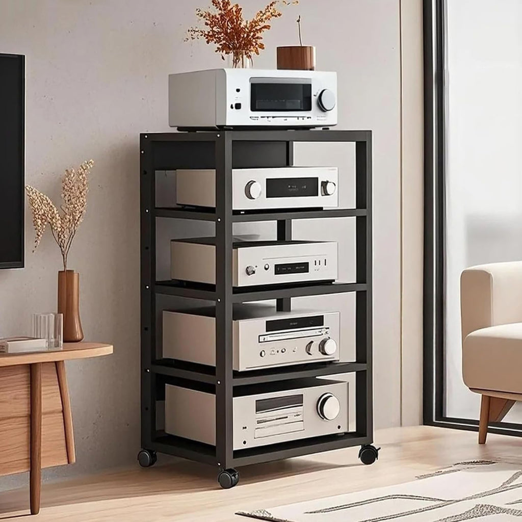 5 Tier AV Media Stand, Audio Rack Tower Stereo Components Cabinet | Home Theatre CD Record Player Stereo Receiver Equipment Rack with Adjustable Wood Shelves, Load 220lbs (Black)