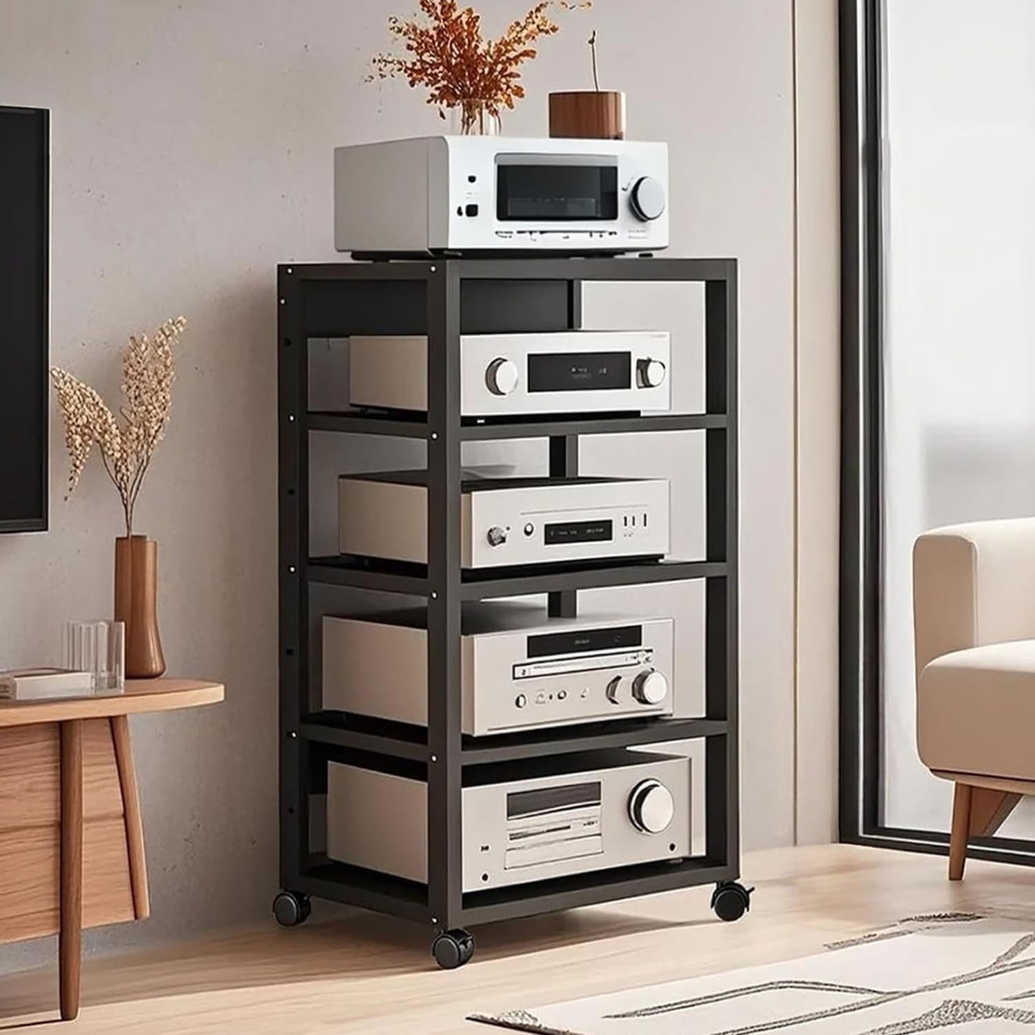 5 Tier AV Media Stand, Audio Rack Tower Stereo Components Cabinet | Home Theatre CD Record Player Stereo Receiver Equipment Rack with Adjustable Wood Shelves, Load 220lbs (Black)