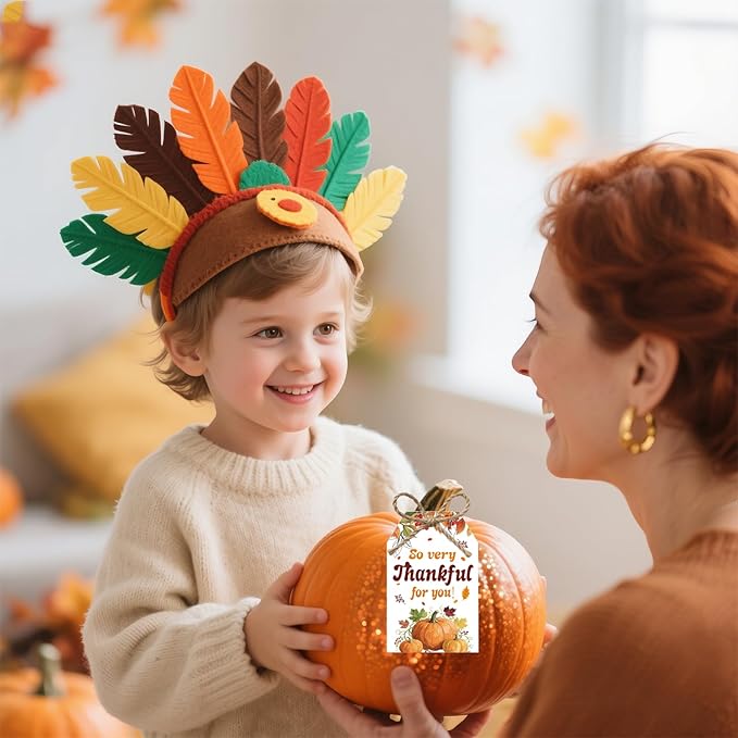 50Pcs Thanksgiving Gift Tags with String, 3.3x2.1 Inch So Very Thankful for You Tags with Pumpkin Leaf, Thanksgiving Name Tags for Gift Bags Fall Day Autumn Holiday Party Favors DIY Craft