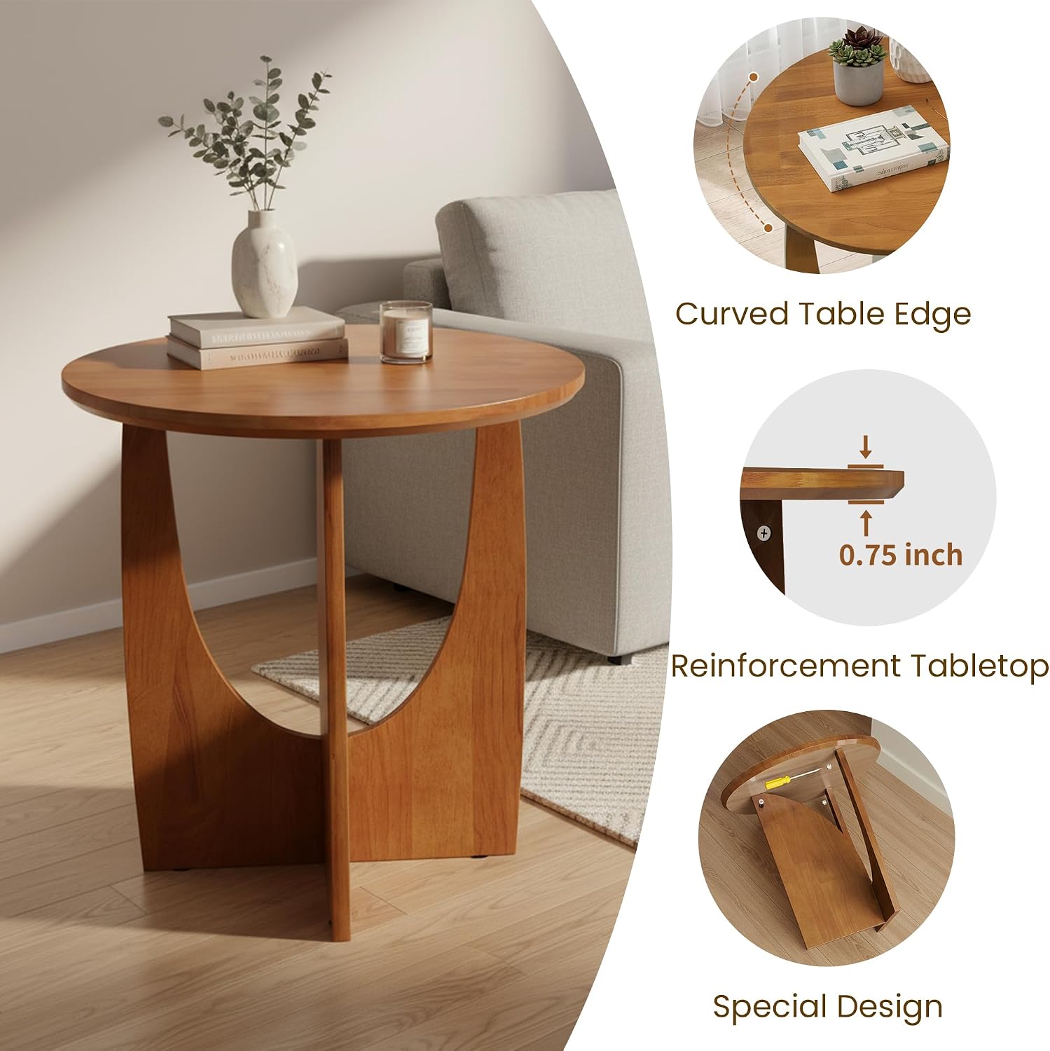 Round End Side Table - 19.7" Unique Tall Round Side Tables Living Room, Mid Century Modern Small Coffee End Table, Solid Wood Accent Tables for Living Room, Bedroom Office, Walnut