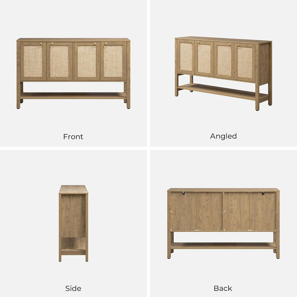 SICOTAS 55" Cherry Sideboard Buffet Cabinet with Rattan Doors, Rustic Farmhouse Coffee Bar Cabinet with Open Shelf, Warm Wood Credenza & Console Table for Kitchen, Dining Room, Entryway