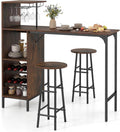 Giantex 3 Pieces Bar Table and Stools Set, Bistro Table Set with Glass Holder, 2 Tier Wine Rack & Storage Shelves, Kitchen Counter Table with 2 Stools for Home, Dining Room, Restaurant (Rustic Brown)