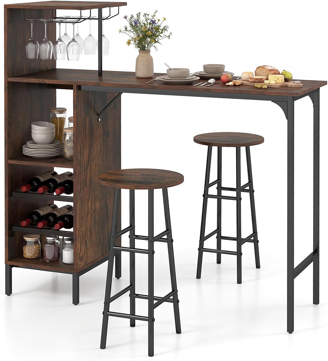 Giantex 3 Pieces Bar Table and Stools Set, Bistro Table Set with Glass Holder, 2 Tier Wine Rack & Storage Shelves, Kitchen Counter Table with 2 Stools for Home, Dining Room, Restaurant (Rustic Brown)