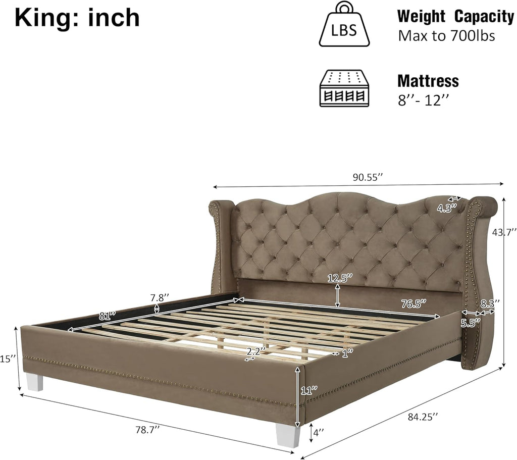 Merax Brown King Size Velvet Upholstered Bed Frame with Thick Tufted Wingback Headboard, Retro Classic Style Platform Bed with Sturdy Wood Slatted Support and Legs, No Box Spring Needed, Bear 700lbs
