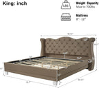 Merax Brown King Size Velvet Upholstered Bed Frame with Thick Tufted Wingback Headboard, Retro Classic Style Platform Bed with Sturdy Wood Slatted Support and Legs, No Box Spring Needed, Bear 700lbs