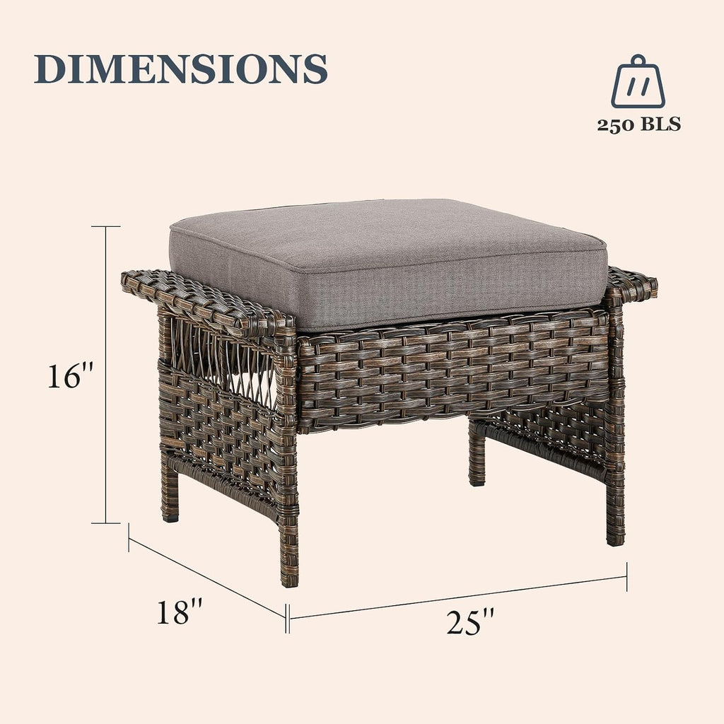 Patio Ottomans 2 Piece Outdoor Wicker Ottomans PE Rattan Footrest with Thickened Cushions Footstools for Garden Sunroom Deck Porch Balcony Poolside, Ottomans(2PCS), Brown|Grey