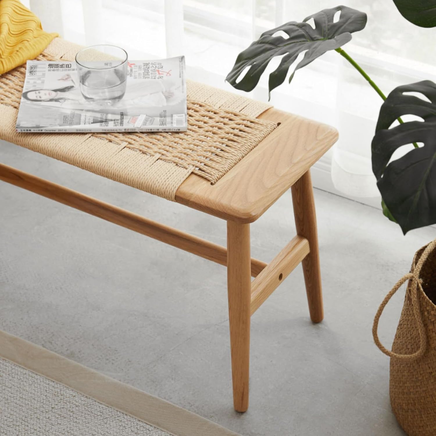 Rattan Wood Bench,100% Solid Oak Dining Bench with Woven Design, Sturdy Mortise Bench for Bench,Entryway,Dining,White/Beige Color (47.24inch Beige Color)