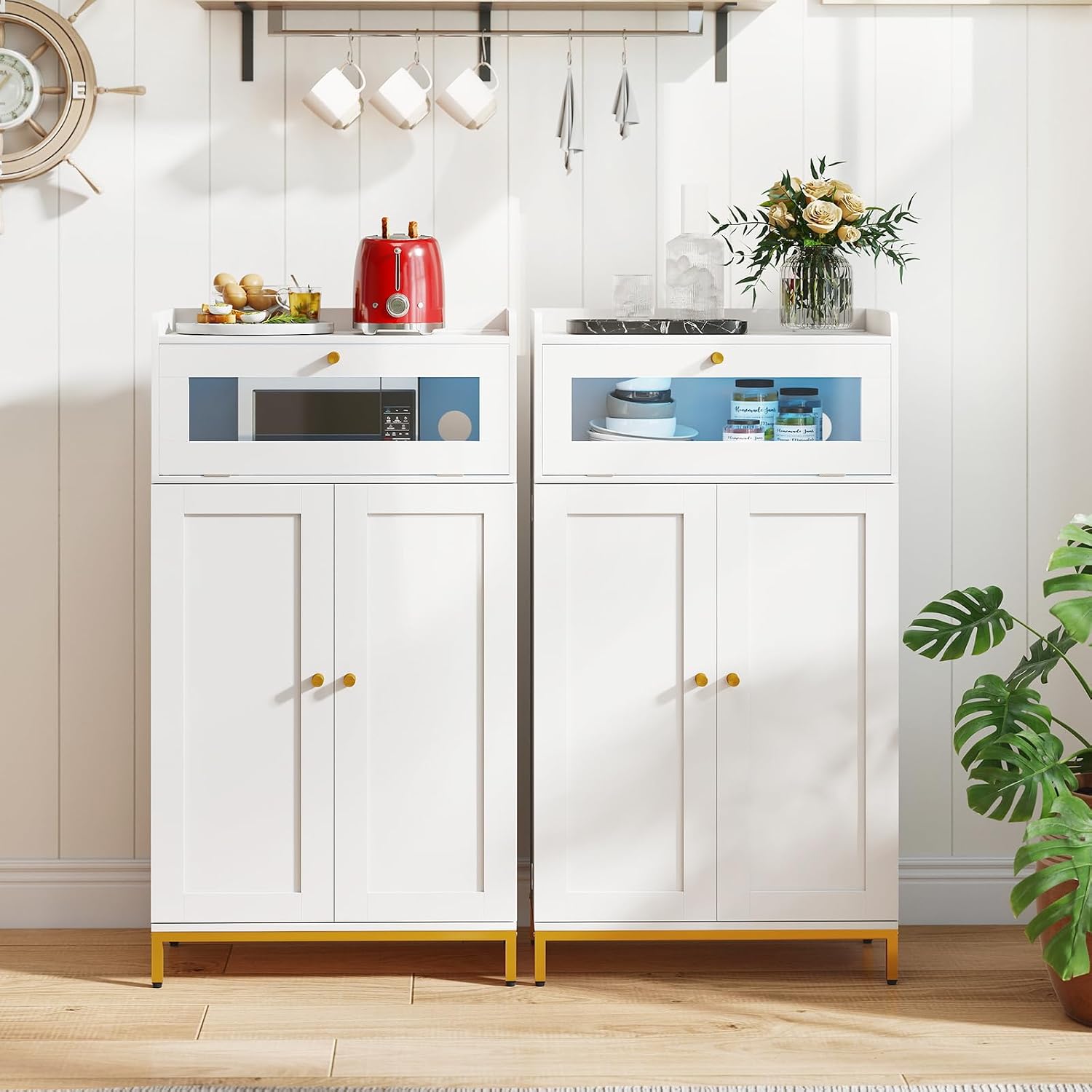 LOKO Kitchen Pantry Cabinet, Freestanding Food Storage Cupboard with Power Outlet & APP Control LED Lights, Modern Buffet Sideboard with Acrylic Flip Door & Shelves for Dining Room, White and Gold