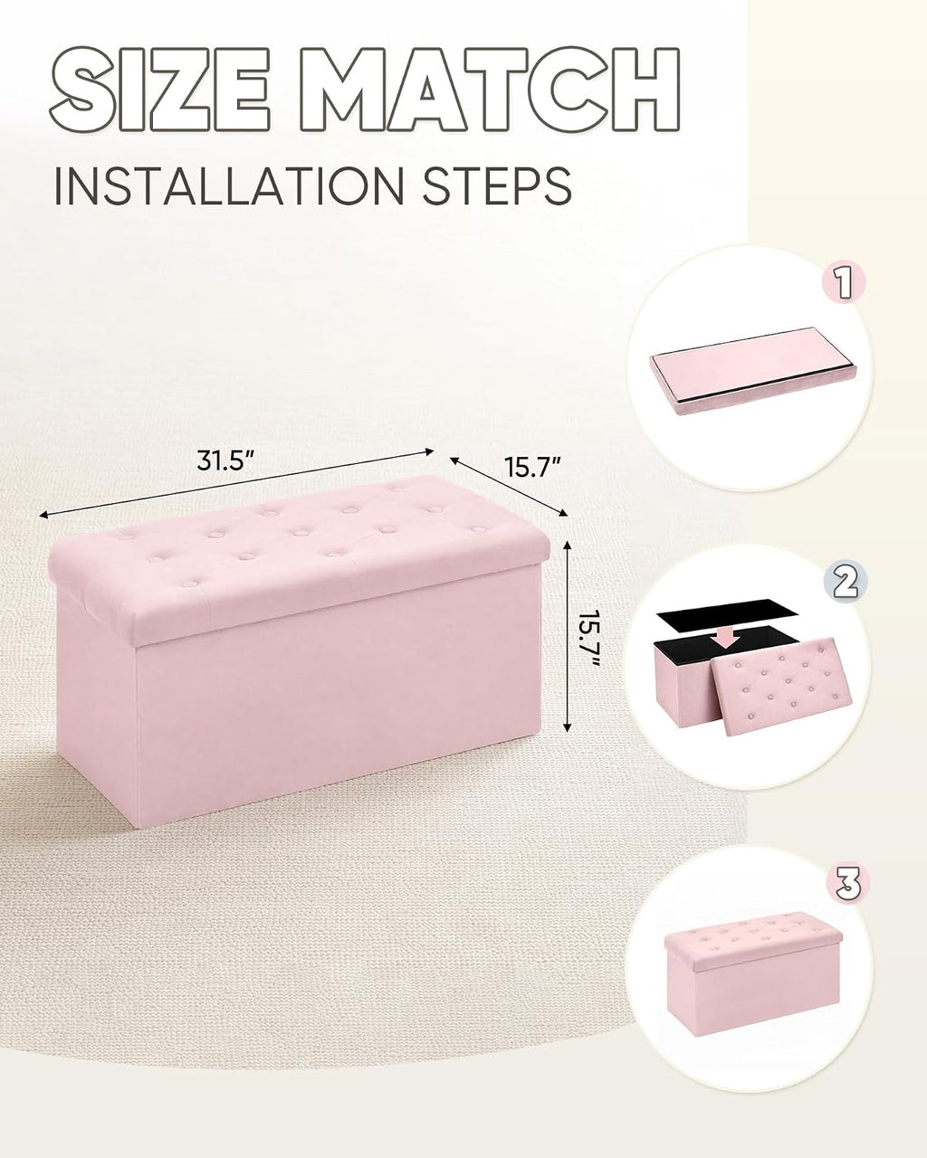 B FSOBEIIALEO Folding Storage Ottoman, Long Ottomans Shoes Bench, Velvet Storage Chest Footrest Seat 31.5"x15.7"x15.7" (Pink, Large)