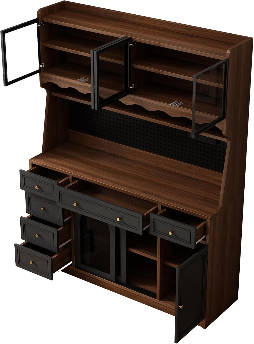 63'' Kitchen Pantry Cabinet with Power Outlet,Large Kitchen Hutch Cabinet with 6 Drawers and Adjustable Shelves,Wood Buffet Cabinets for Dining Room and Living Room(Black and Walnut)