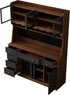 63'' Kitchen Pantry Cabinet with Power Outlet,Large Kitchen Hutch Cabinet with 6 Drawers and Adjustable Shelves,Wood Buffet Cabinets for Dining Room and Living Room(Black and Walnut)