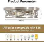 Brushed Nickel Cage Ceiling Light Fixtures,13 Inch Indoor Close to Ceiling Lights, 3-Light Round Vintage Metal Flush Mount Ceiling Lights for Bedroom, Living Room, Porch Kitchen