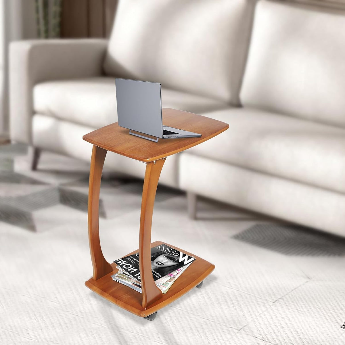 Solid Wood End Table with Rolling Wheels, C Shaped Side Table, TV Tray Table Small Accent Table, Couch Table That Slide Under for Small Space, Living Room, Bedroom or Office (Brown)