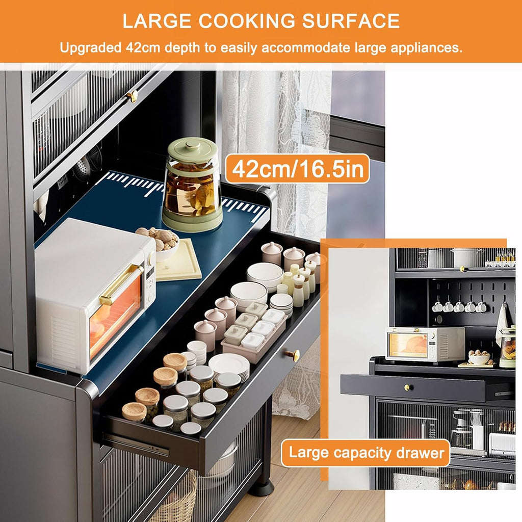 White Kitchen Pantry Cabinet with Microwave Stand Drawer Wheels and Ample Storage Space 24x68in